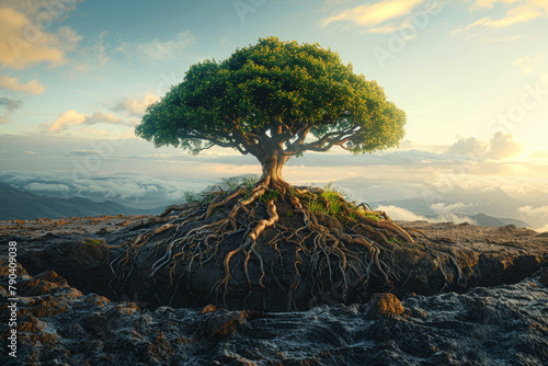A tree with roots buried deep in the earth and branches reaching towards the sky, symbolizing connection to the past and aspirations for the future. Concept of heritage and growth. Generative Ai. photo