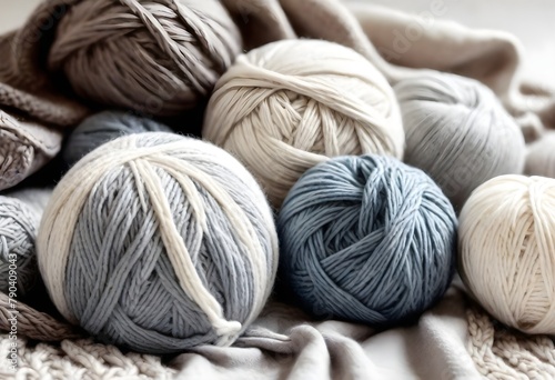 Cozy knitted blanket and yarn balls in neutral colors, including beige, cream, and gray. The image shows the soft, textured patterns