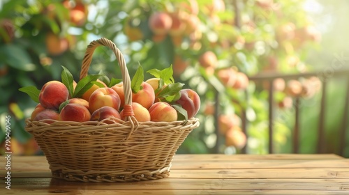 Blurred background with a wooden table displaying a wicker basket filled with peaches
