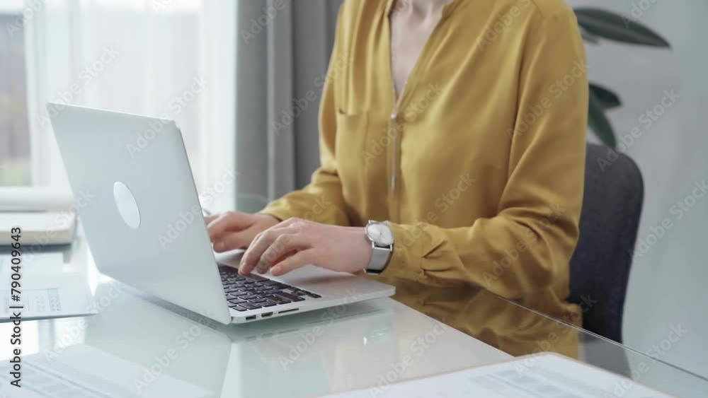 Young professional woman is working with laptop in modern office. Yellow blouse is passing to adult businesswoman. Flying to success concept