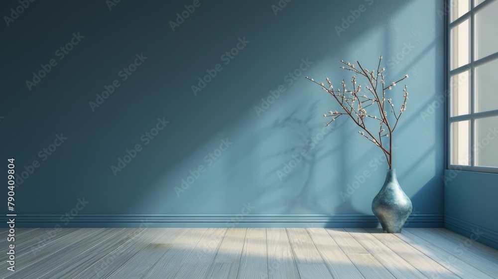 Fototapeta premium A large vase with a branch in it sits in a room with a blue wall. The vase is the focal point of the room, and the blue wall creates a calming atmosphere