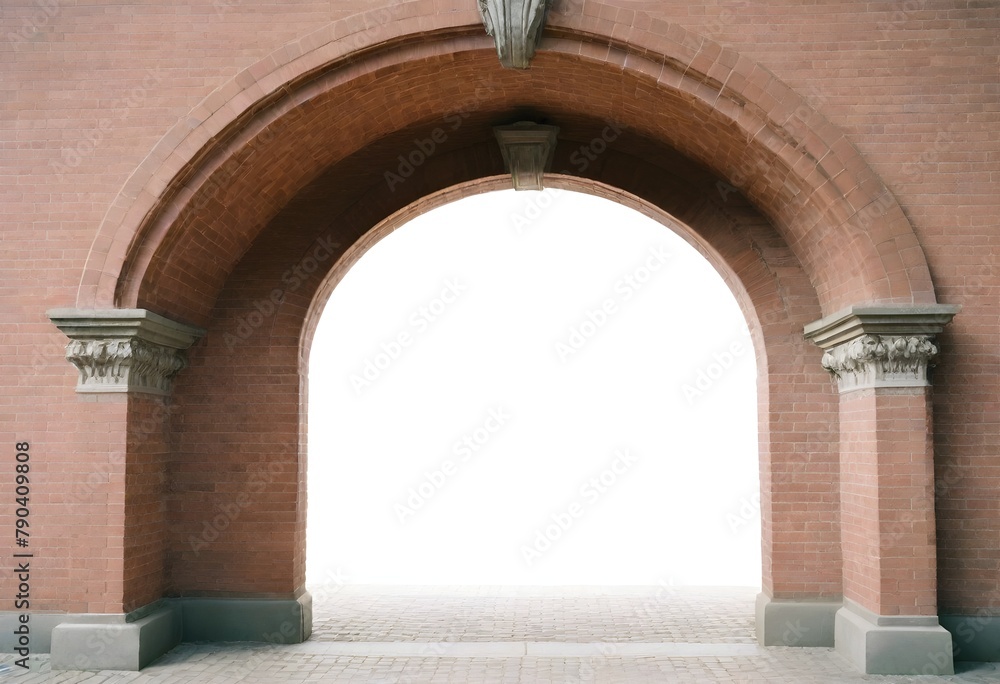 A large, ornate brick archway with intricate stone detailing, set against a plain white background
