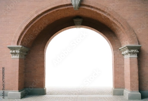 A large, ornate brick archway with intricate stone detailing, set against a plain white background