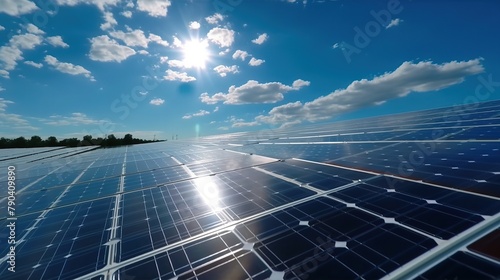 Solar panels on blue sky and sun