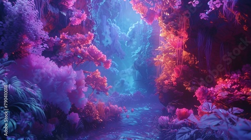 Vibrant bursts of neon hues intertwining to create an ethereal, otherworldly garden in digital form.