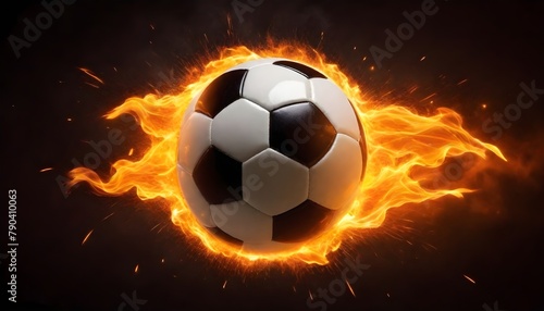 A soccer ball engulfed in flames  with a fiery background and sparks flying around it  creating an intense scene