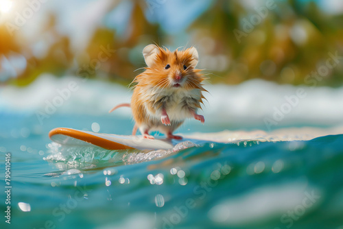 Summer vacation for pets. Adorable hamster surving on tropical beach waves. High quality photo photo