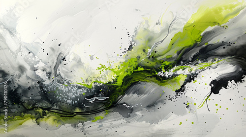 Channeling the energy of watercolor and ink into a dynamic gray and white composition, punctuated by bursts of green, to create a striking abstract piece that celebrates fluidity and creativity. 