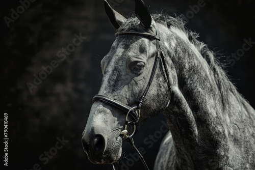 a black and white photo of a horse wearing a bridle