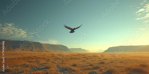 A single bird flying over a vast, empty desert landscape, creating a point of interest in the minimalistic setting. © Kanisorn