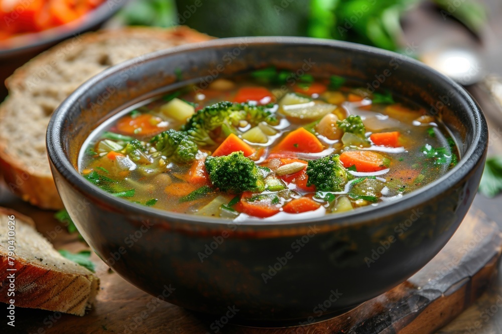 A bowl of nourishing vegetable soup, filled with colorful ingredients like carrots, broccoli, and bell peppers, served with a side of whole grain bread.