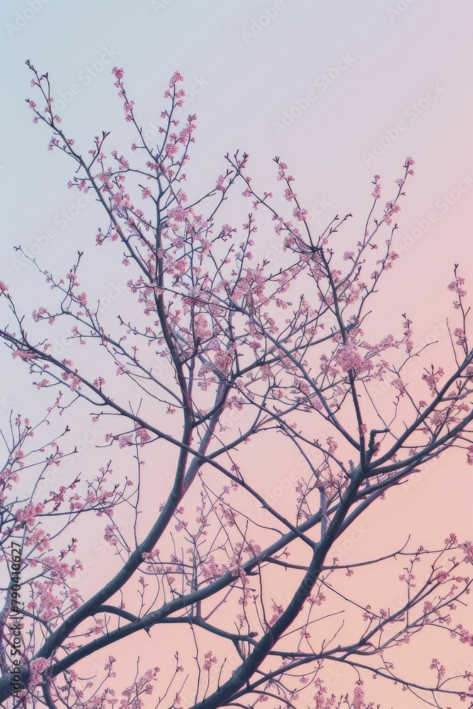 The intricate silhouette of bare tree branches weaves against a gentle pastel sky at twilight, resembling delicate lace.