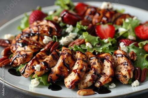 A plate of grilled chicken salad topped with sliced strawberries, goat cheese crumbles, and candied pecans, drizzled with balsamic glaze for a burst of flavor.