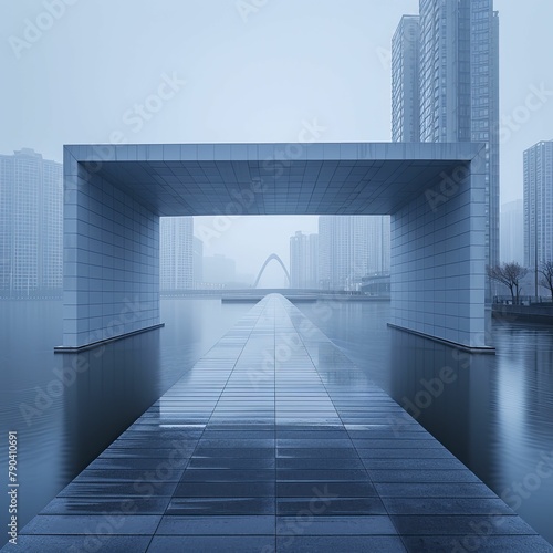Clean lines of a modern bridge over a calm river, with a minimalist urban background.