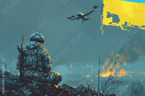 As night falls, a soldier and a drone keep watch over the terrain, symbolizing readiness and modern tactics.