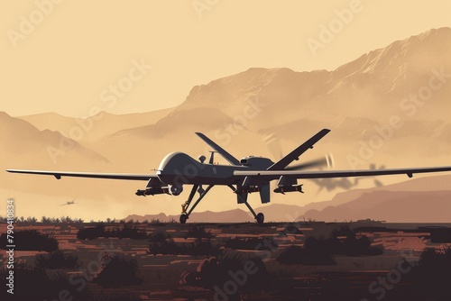 A lone drone preps for operation in a desert setting, illustrated with warm tones and mountain backdrops.