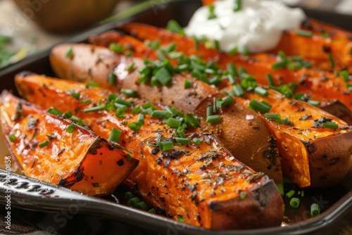 A tray of oven-roasted sweet potatoes, seasoned with herbs and spices, served with a dollop of Greek yogurt and a sprinkle of chopped chives.
