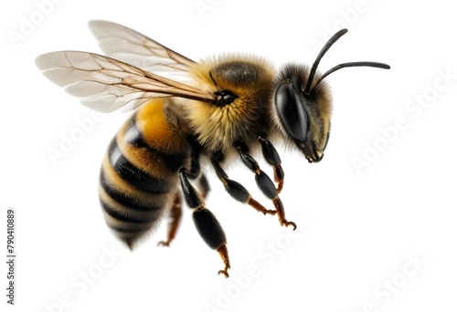 A close-up image of a honey bee with its wings spread, showing its fuzzy body and distinctive black and yellow striped pattern © Studio One
