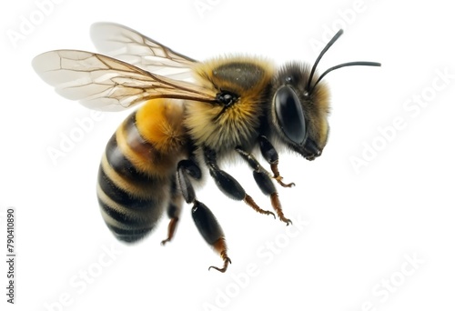 A close-up image of a honey bee with its wings spread, showing its fuzzy body and distinctive black and yellow striped pattern