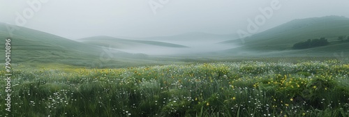 In the tranquil distance, mist veils the hills, while wildflowers bloom in the foreground, crafting a serene, minimalist vista. photo
