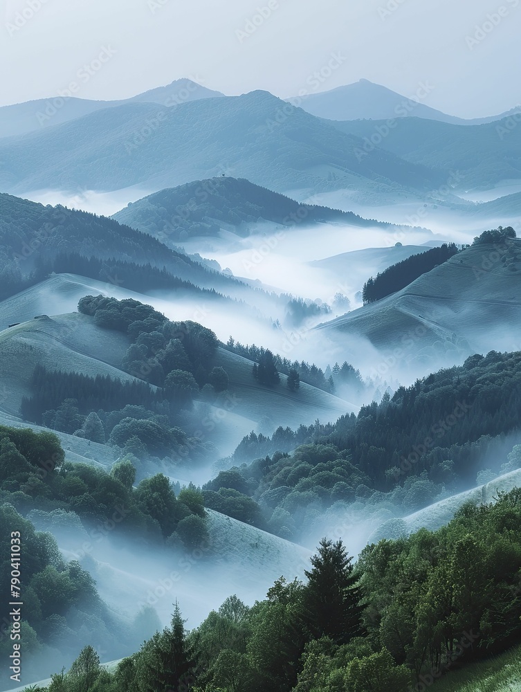 The serene beauty of dawn's mist unveils a tranquil terrain with cascading hills in a simplistic vista.