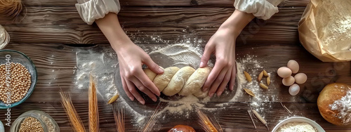 Top-down view of hands braiding bread dough on a rustic wooden surface with baking ingredients around.