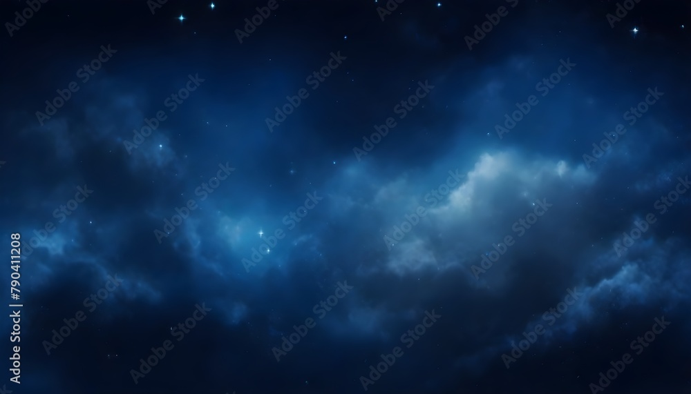 A night sky with twinkling stars and wispy clouds against a deep blue background