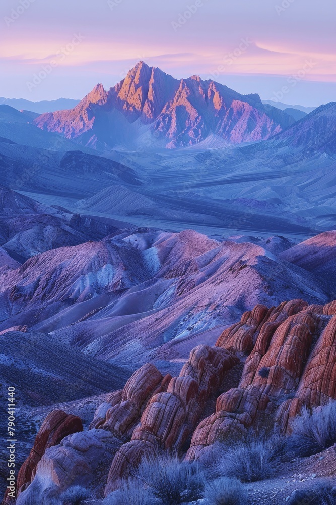 Fototapeta premium The mountain ranges at dusk revealed a stunning gradient of blues, each layer blending seamlessly into the next.