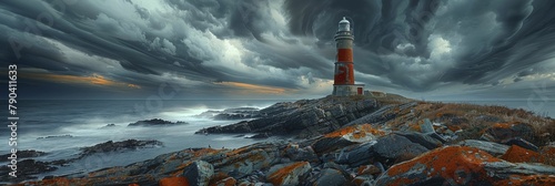 The lonely lighthouse stands resilient on the desolate rocky shore amidst the raging storm above. photo