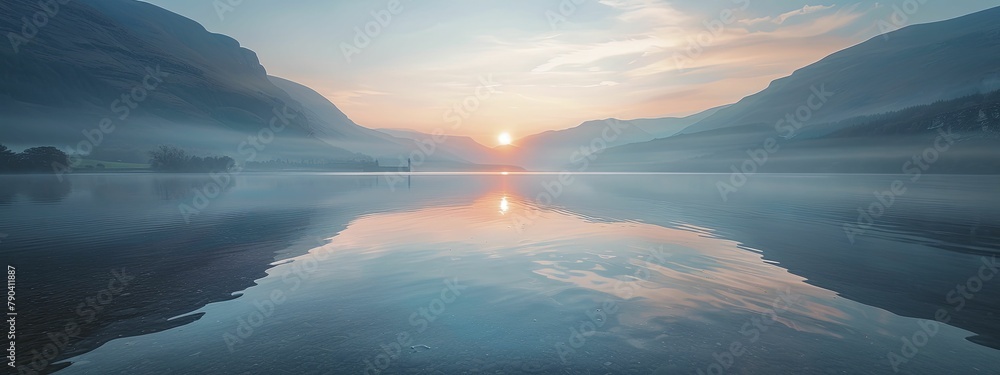 Witness a serene dawn at the tranquil mountain lake, capturing a clear reflection and gentle, muted tones in the sky. Witness a serene dawn at the tranquil mountain lake, capturing a clear reflection and gentle, muted tones in the sky.