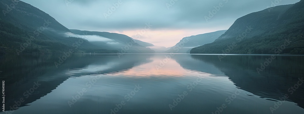 A serene mountain lake at sunrise reflects a minimalist beauty with subtle, muted colors.