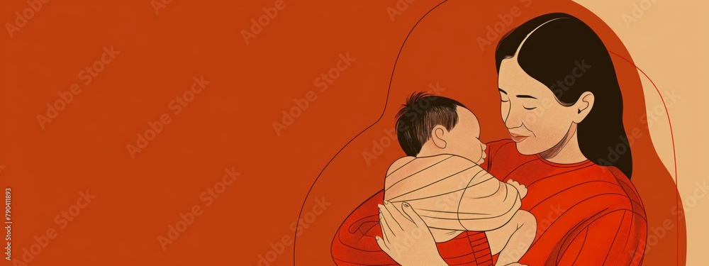 Warm-toned illustration of a mother in red holding her infant close, showing a bond.
