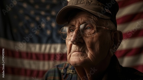 Veteran senior person on independence day against American flag background