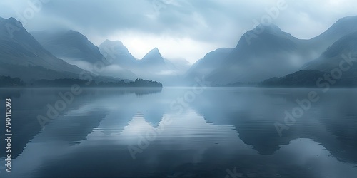 The tranquil scene of a misty morning enveloping a serene lake with distant mountains in the background casts a picturesque charm. © Kanisorn