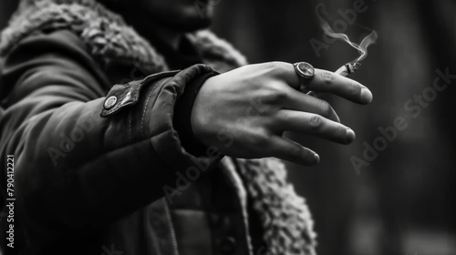 Monochrome image of a person's hands with a lit cigarette in a forested area.