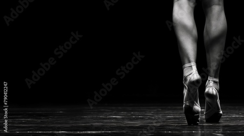 Black and white photo of ballet dancer's feet on tiptoe on a dark stage.