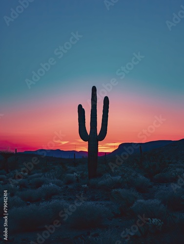 Silhouette of a lone cactus in a desert at sunset, with vibrant colors in the background.