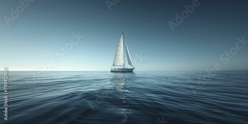 Single sailboat on a vast ocean, with a minimal horizon and calm sea.
