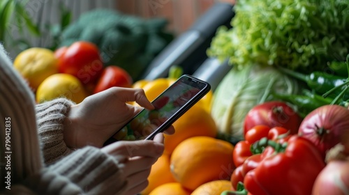 Hands holding a smartphone taking a photo of a variety of colorful fresh produce in a well-stocked kitchen.