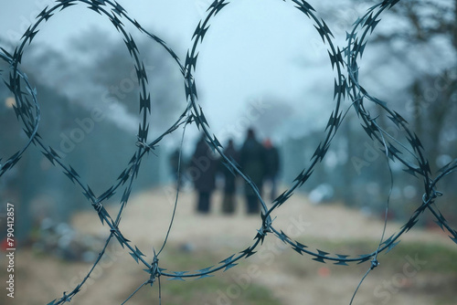 A group of people are walking through a field with barbed wire photo