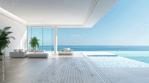 A large open living room with a view of the ocean. The room is filled with white furniture and a potted plant. Scene is calm and relaxing  as the ocean view