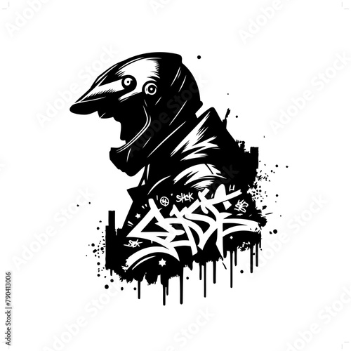 biker silhouette, people in graffiti tag, hip hop, street art typography illustration.