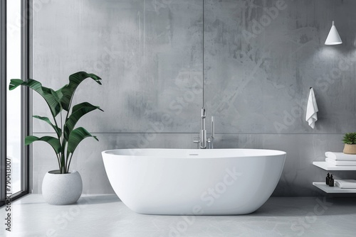 Houseplant  bathtub  and window create a serene bathroom interior design