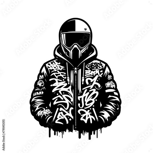biker silhouette, people in graffiti tag, hip hop, street art typography illustration.