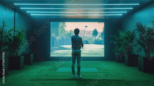 Golf simulator. Golfer playing golf in indoor simulator photo