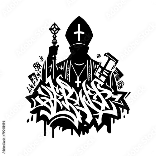 bishop silhouette, people in graffiti tag, hip hop, street art typography illustration.