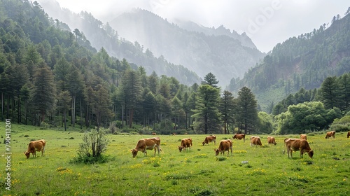 Tranquil scene of cattle leisurely grazing in a lush and vibrant green meadow environment