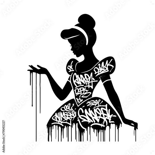 princess; cinderella  silhouette, people in graffiti tag, hip hop, street art typography illustration.