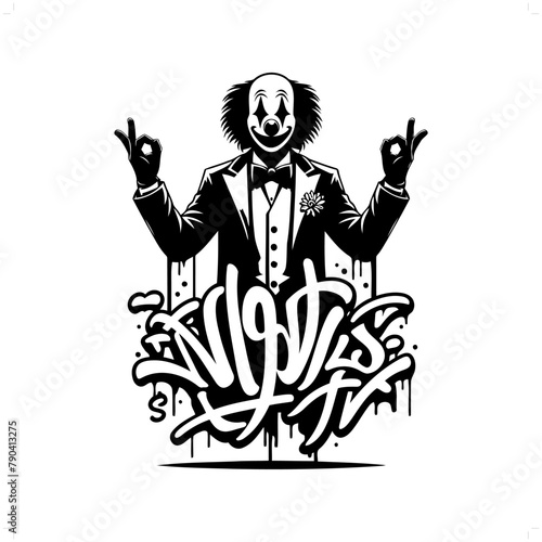 clow silhouette, people in graffiti tag, hip hop, street art typography illustration.