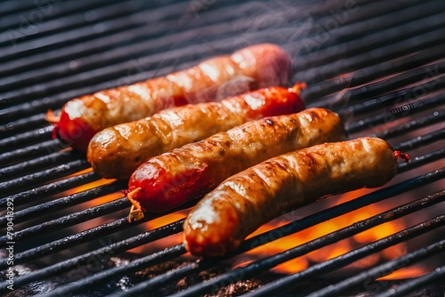 Cevapcici sausages sizzling on a hot grill photo